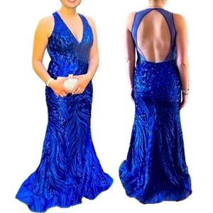 JVN by Jovani 60641 Royal Blue V-Neck Sequined Taffeta Ball Gown Prom Dress 8
